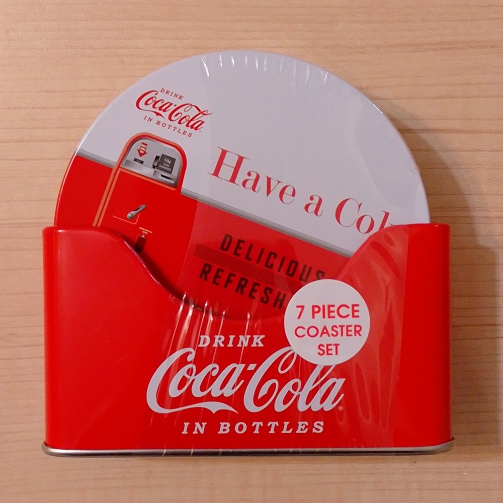 Coca Cola Coke Coaster Set Holder Metal Tin Cork